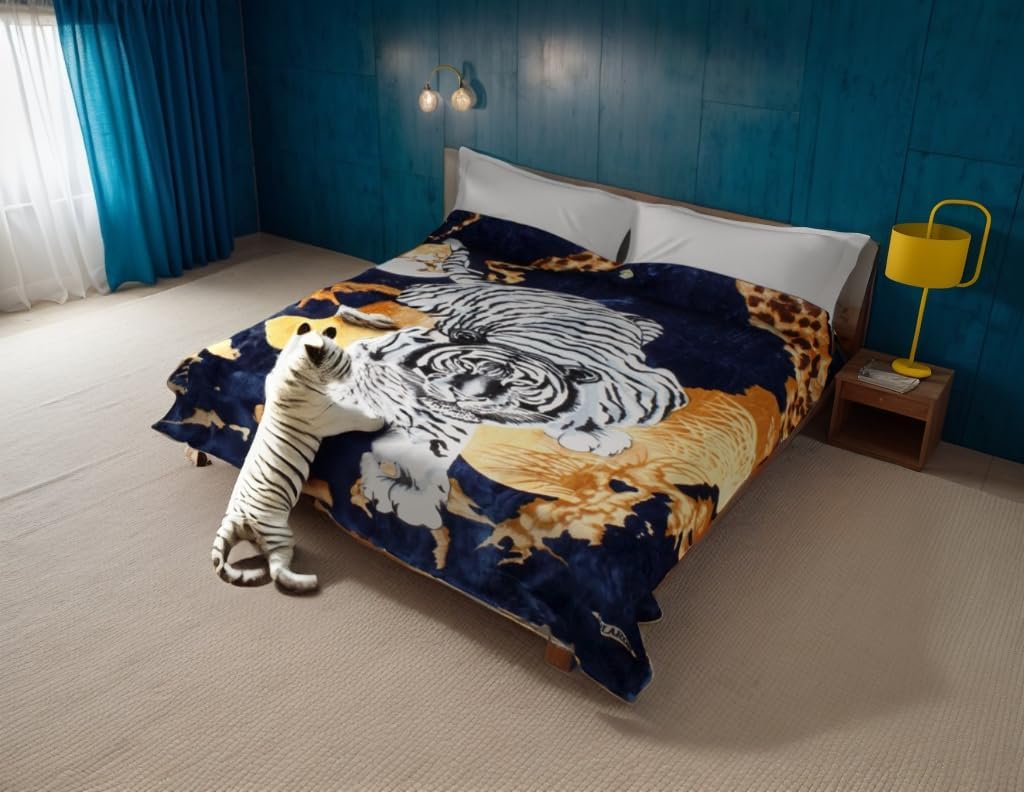 White Tiger Blanket Korean Mink Ultra Silky Soft Reversible Bed comforter bedspread bedding Cobias Heavy thick weight Perfect for Winter all season throw (King, 71 Tiger Blue)