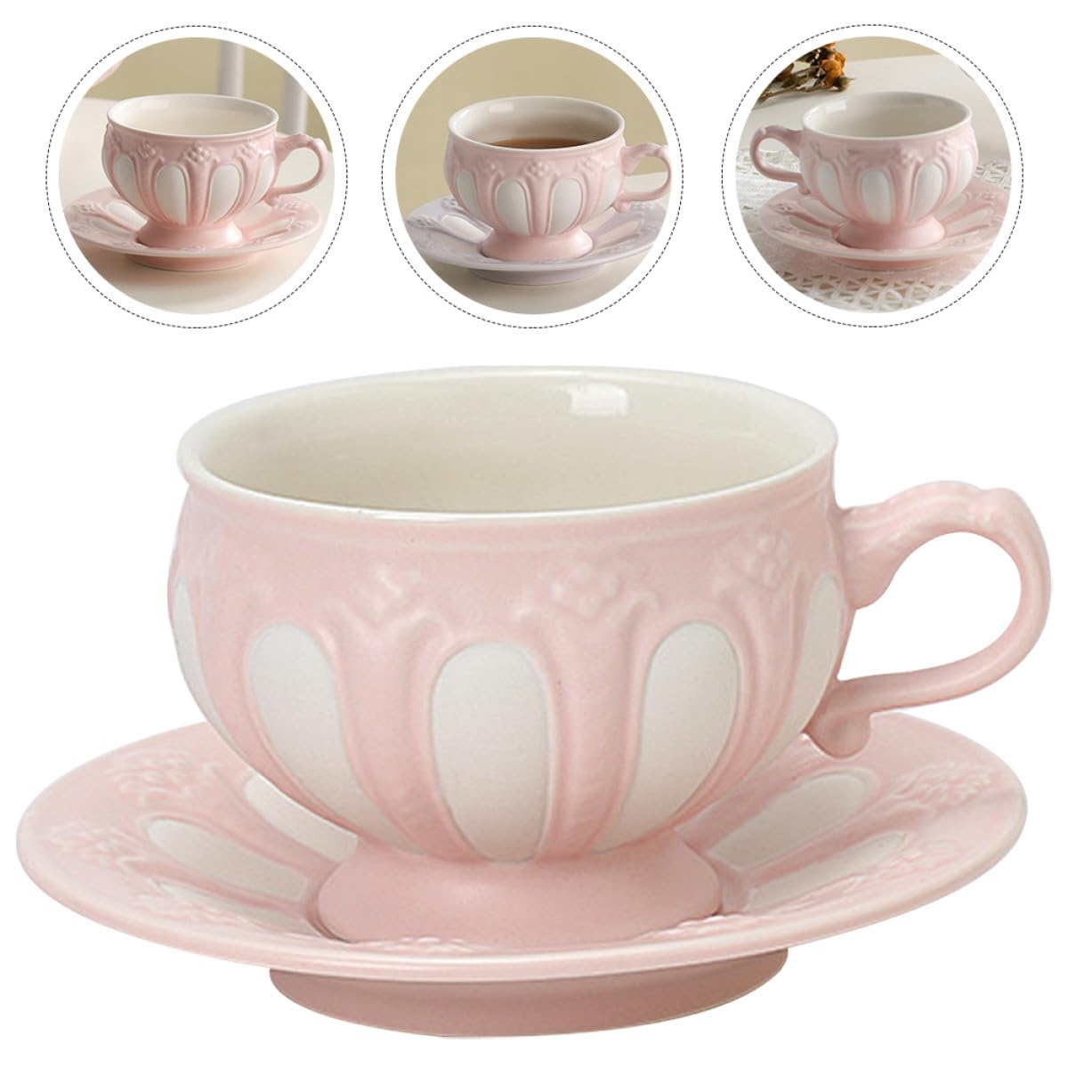 Juego de Tazas y Platillos de Cerámica Rosa Estilo Europeo Diseño en Relieve, Bordes Suaves y Cómodo para Café o Té en Cafetería o Pastelería