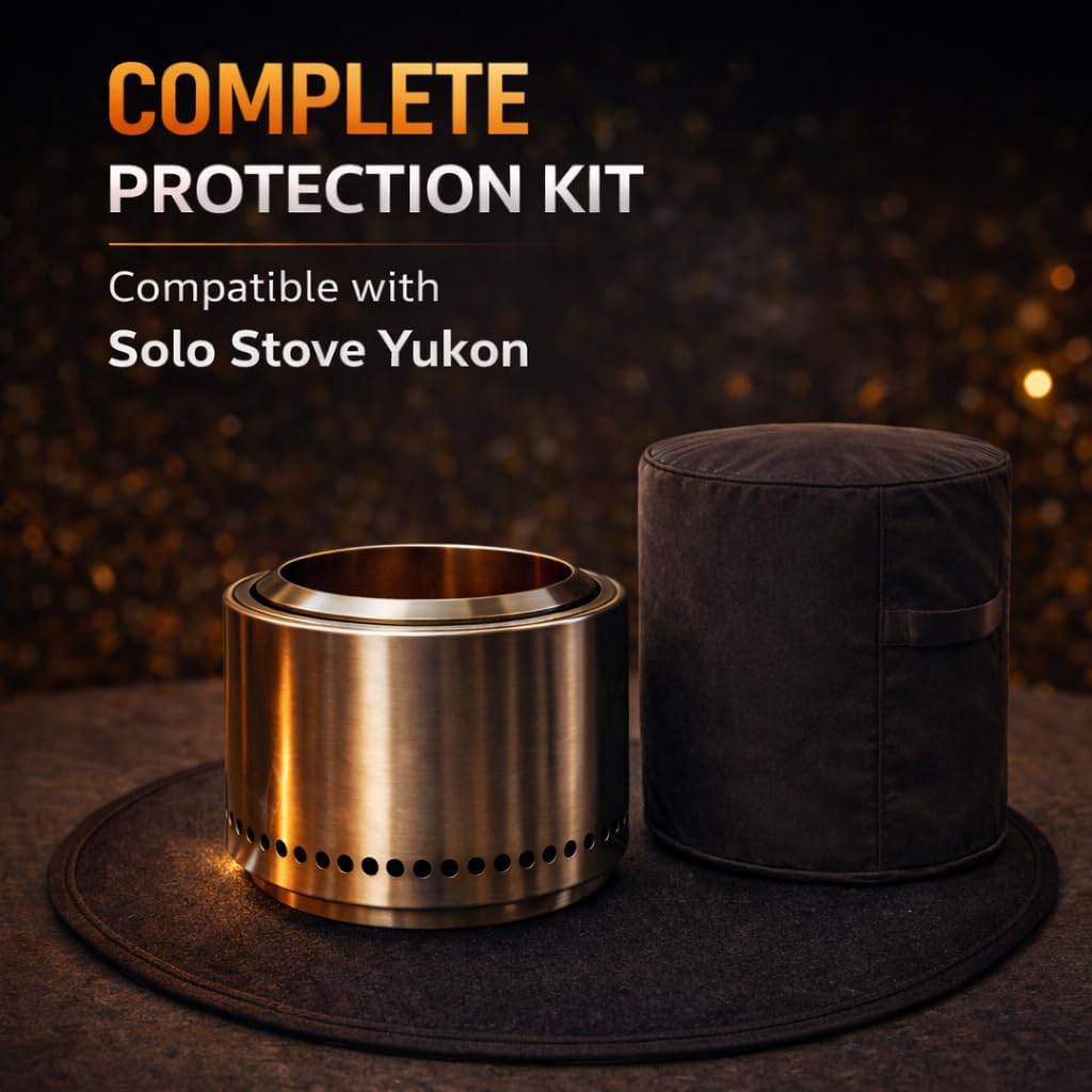 Fire Pit Cover & Fire Pit Mat Bundle (2-in-1) Fit for Solo Stove Yukon 27-29" - 28" Waterproof Heavy Duty Cover + 48" Fireproof Deck Protector, Solo Stove Yukon Accessories