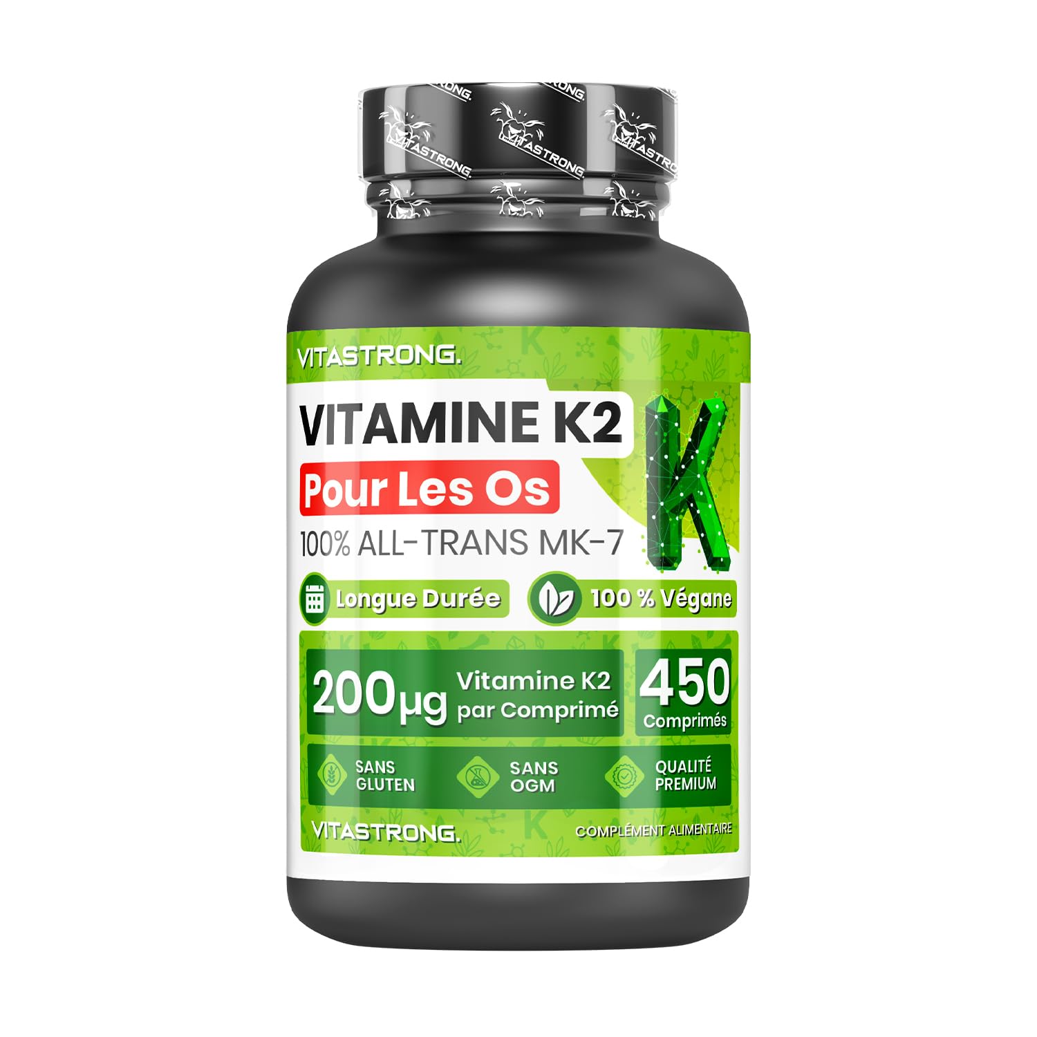 Vitamine K2 MK7 200µg Vitastrong Vegan, 1 Comprimé par Jour (Cure 15 Mois) 450 Comprimés, MK-7 All-Trans Haute Biodisponibilité, Vitamine K2 (Ménachinone), Sans Gluten, Lactose ni OGM, Qualité Premium