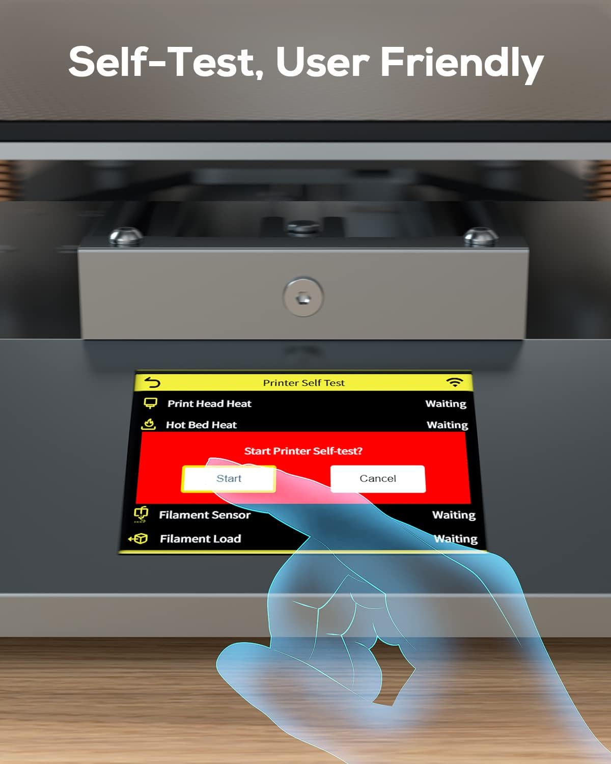 Printer's touchscreen display showing the 'Printer Self Test' menu with options to start the test.