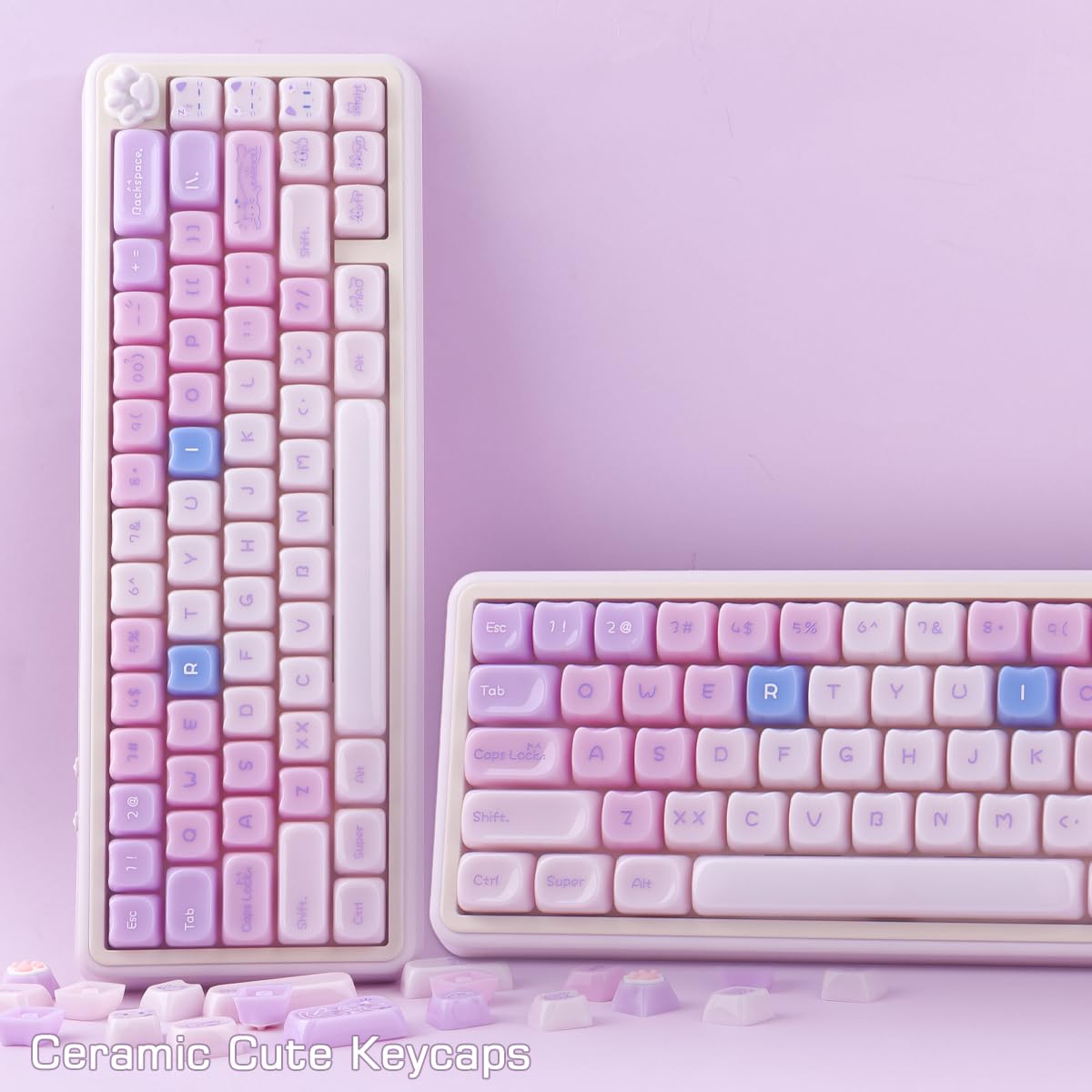 Ceramic Jade Purple Cat Keycaps, 148 Keys Translucent Creamy Jelly Cute Keycaps Mao Profile Custom Keycap for Cherry Gateron MX Swithes Mechanical Keyboards
