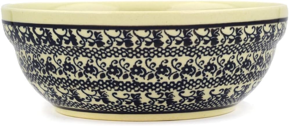 Polmedia Polish Pottery Bowl 7-inch - Black Lace Pattern Handmade in Boleslawiec Poland + Certificate of Authenticity