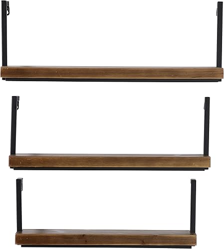 Miniatura 6 de Deco 79 Estante de pared de madera minimalista flotante con marcos de metal negro, juego de 3 8 pulgadas, 9 pulgadas, 10 pulgadas de alto, marrón