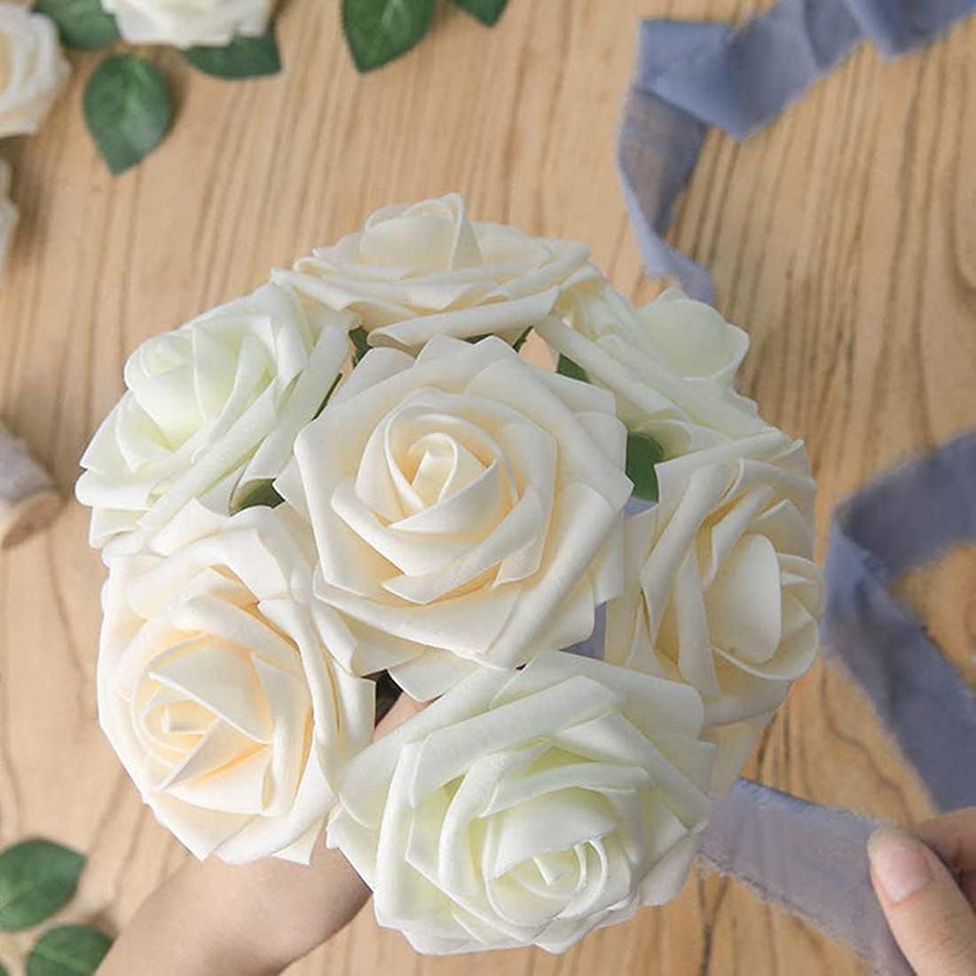 Artificial Flowers 50 Stems Realistic Roses - Lifelike Fake Flowers for Wedding Bouquets, Baby Shower Decor, Home Centerpieces, DIY Floral Arrangements (Champagne, 50pcs) - Image 6