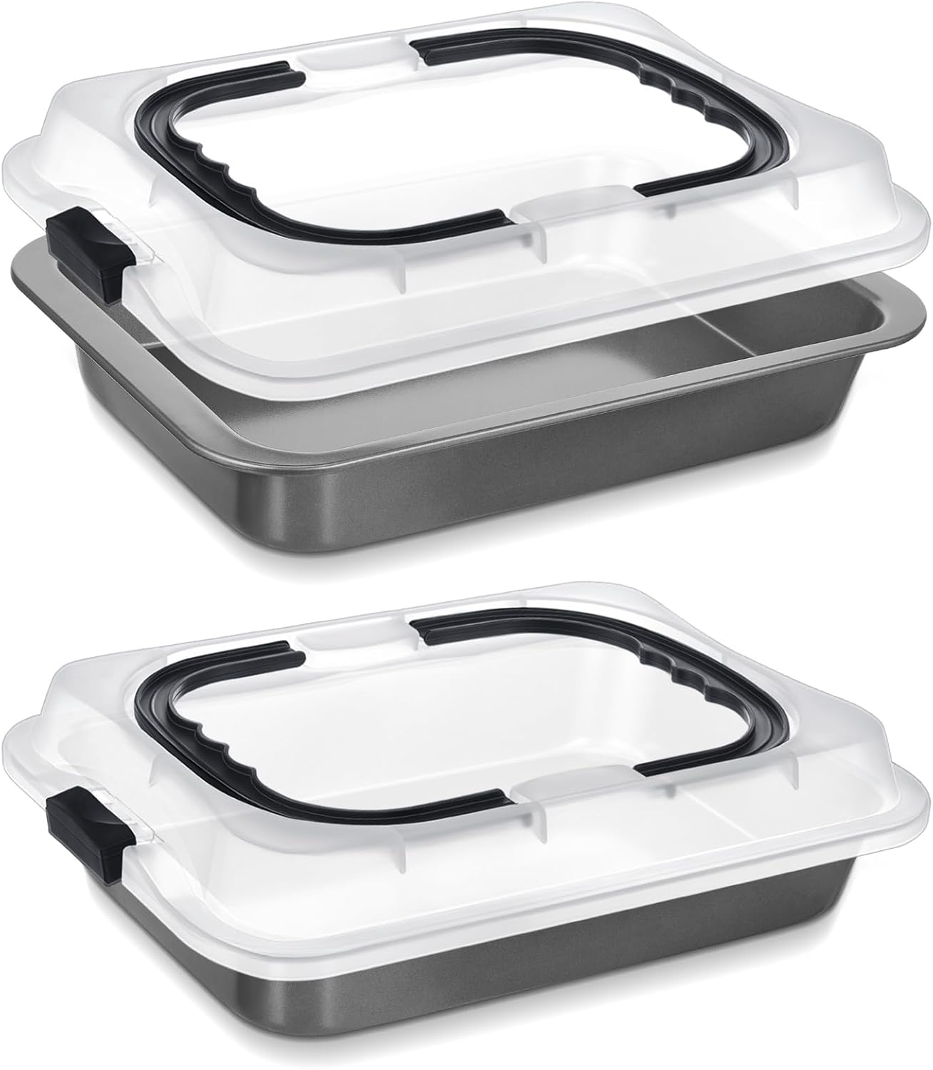 Qinyoung 2 Pcs Cake Baking Pan with Lid and Handle, 9 x 13 Inch Non-stick Rectangle Sheet Cake Pan Carrier for Brownie Roasting Cooking Baking (Black Gray)