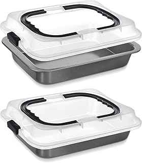 2 Pcs Cake Baking Pan with Lid and Handle, 9 x 13 Inch Non-stick Rectangle Sheet Cake Pan Carrier for Brownie Roasting Cooking Baking (Black Gray)