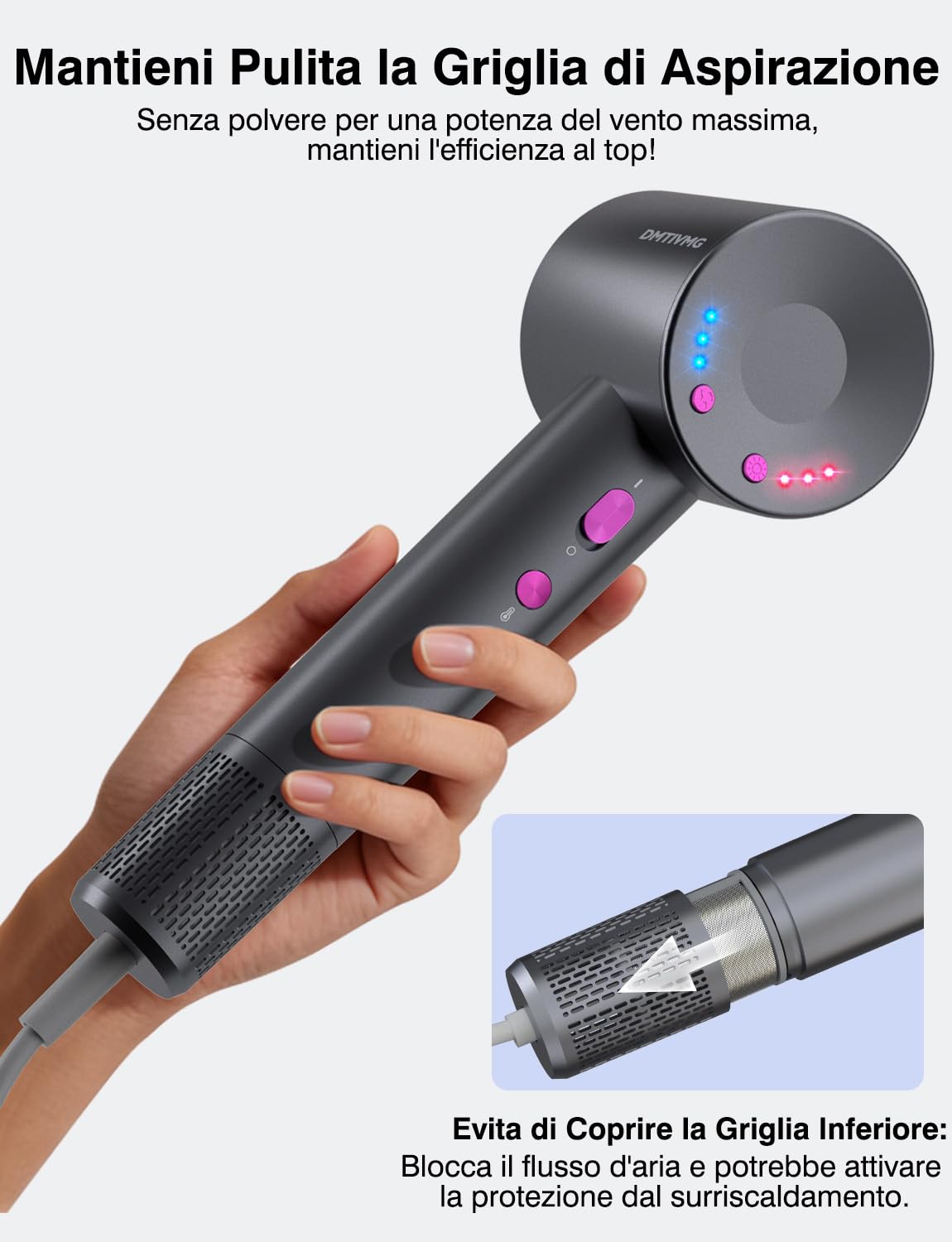 Asciugacapelli Ionico 1600W Phon Capelli Professionale 500 Milioni Ioni Negativi 12 Modalità 4 Temperature 3 Velocità del Vento 160000 RPM Motore Senza Spazzole 2 Accessori Magnetici