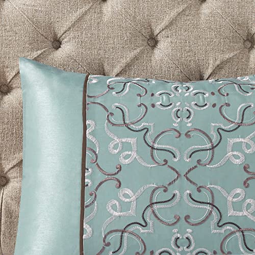 Madison Park Essentials Jelena Room In A Bag Faux Silk Comforter Classic Luxe All Season Down Alternative Bedding, Matching Bedskirt, Curtains, Decorative Pillows, Queen(90"X90"), Seafoam 24 Piece #TOP7