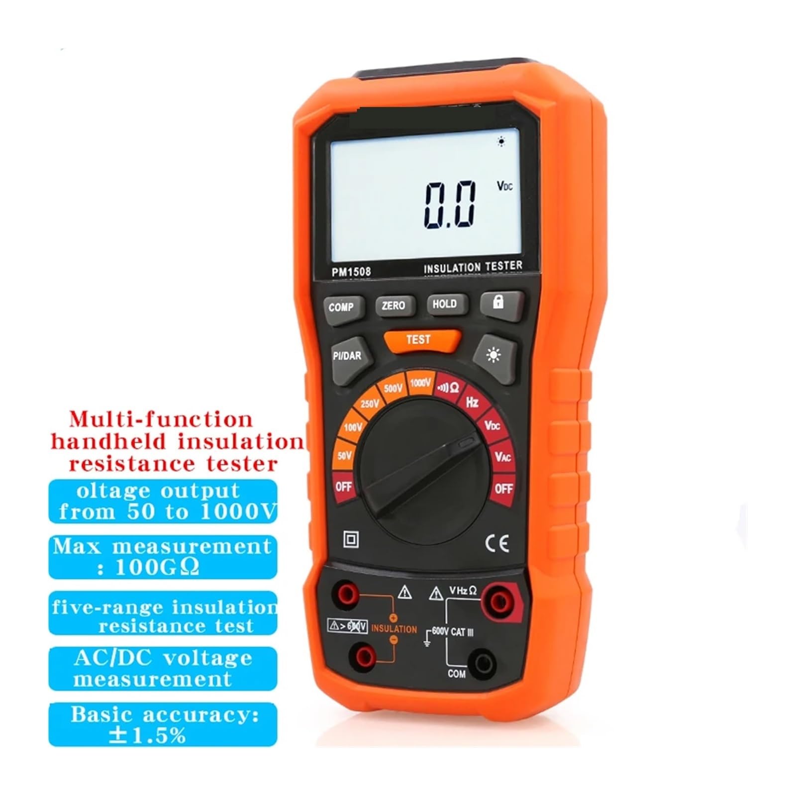 PM1508 Tester di Resistenza di Isolamento Portatile ad Alta precisione, misuratore di Resistenza di Isolamento megaohmetro elettronico