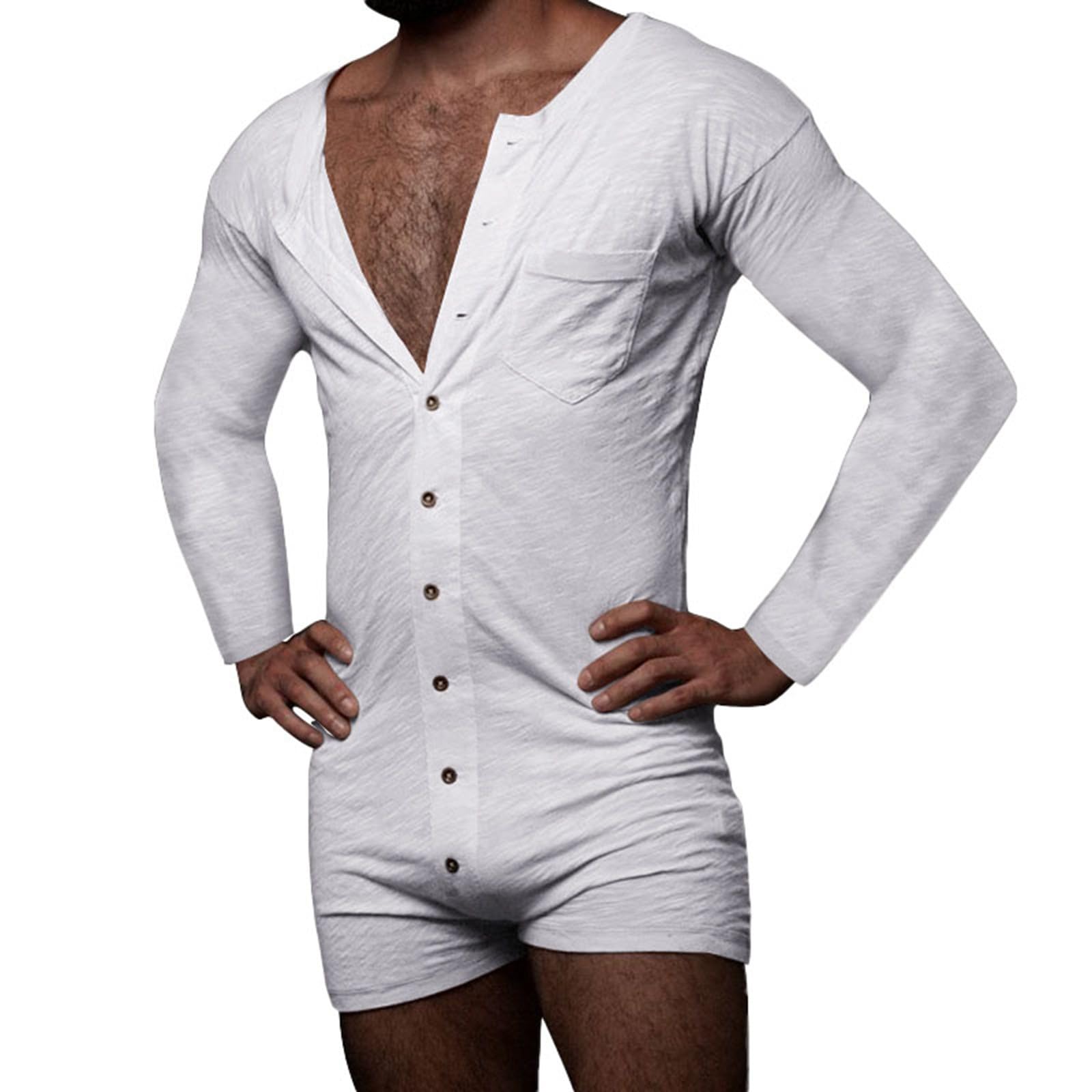 Mens Fashion Sexy Solid Color Long Sleeve Button Short Jumpsuit (White, XXXL)