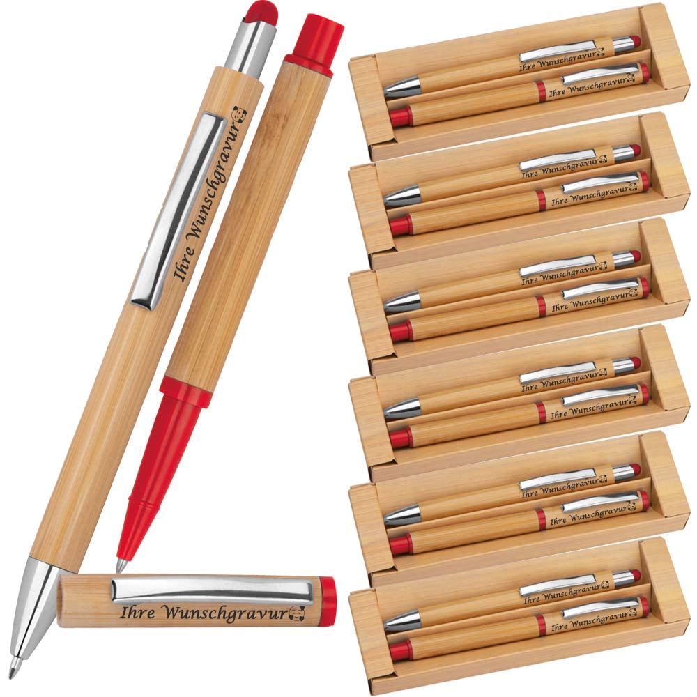 Schreibset aus Kugelschreiber und Rollerball | Bambus | inkl. Wunschgravur | Emojis Gravur möglich | Touchpen Funktion | blau schreibend | Werbegeschenk personalisiert (25)