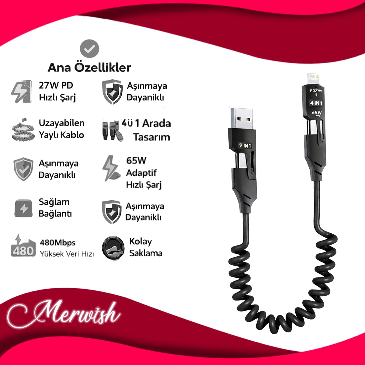 4’ü 1 Arada 65W Yaylı Hızlı Şarj Kablosu Type-C & Lightning PD Destekli, Dolaşmaz Spiral Tasarım, 1.5m Uzayabilir, Araç & Ev Uyumlu Şarj ve Veri Kablosu (Siyah)