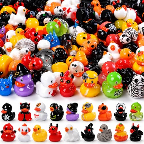 DULEFUN 61 Pcs Halloween Mini Resin Ducks Cute Small Little Duckies Statues Bulk Set for Office Desk Tiered Tray Decor Halloween Party Supplies