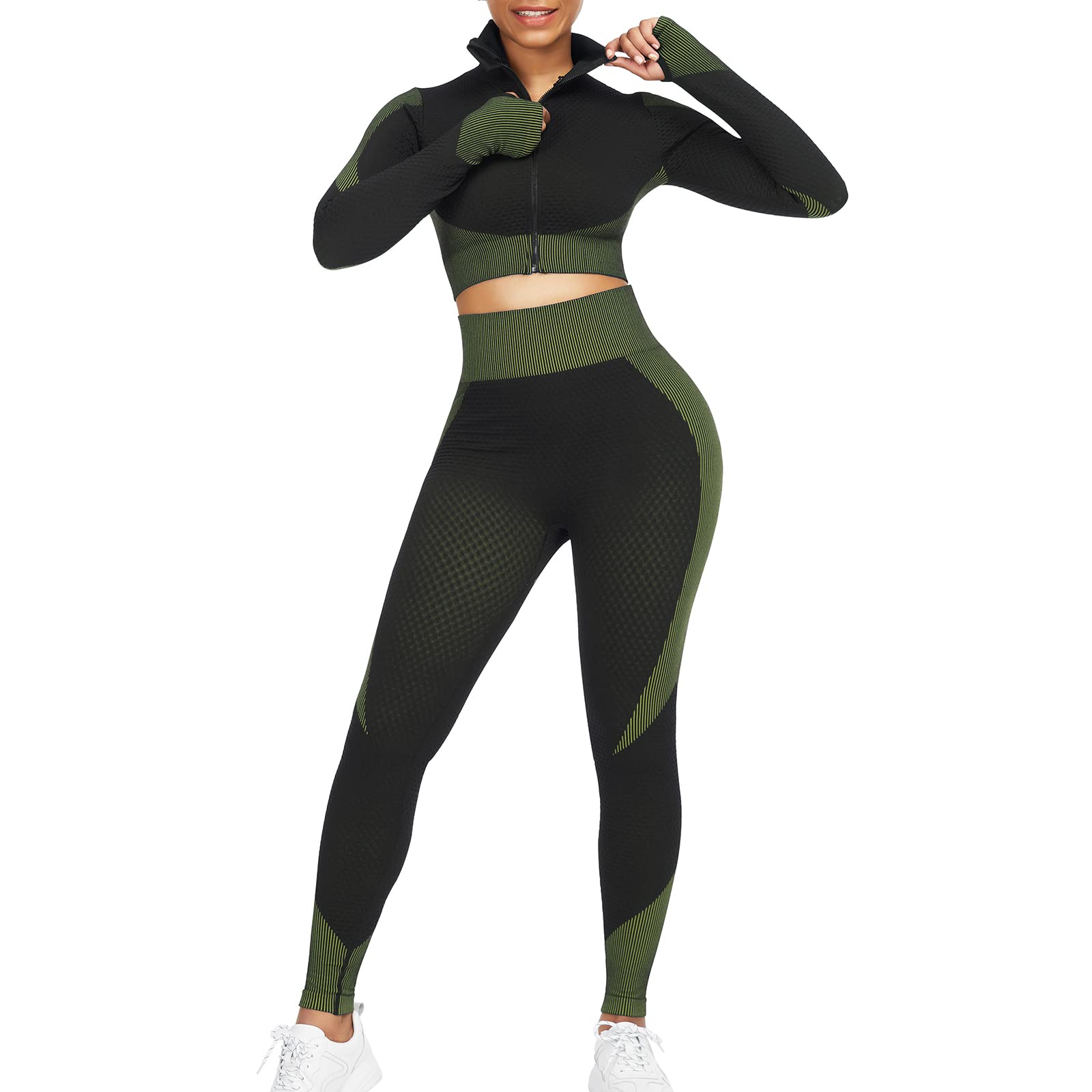 JOYMODE Women's Workout Sets 2 Piece long sleeve High Waist Legging set Crop Top Gym