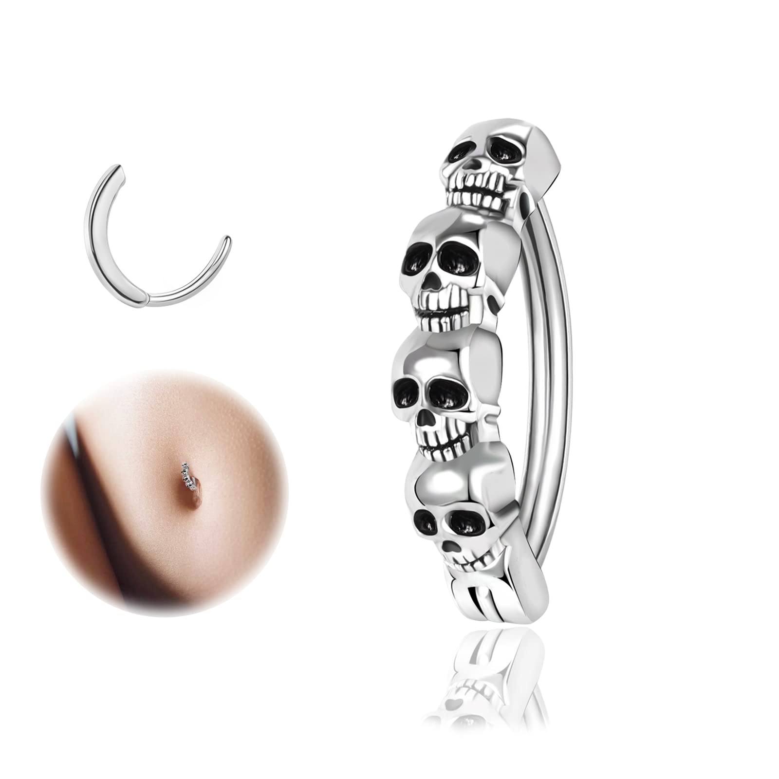 ZSPiercing de ombligo de plata de ley 925 con diseño de calavera de 14 g para mujer, piercing de ombligo curvado inverso, joyería corporal, Plata de ley, No es una piedra preciosa