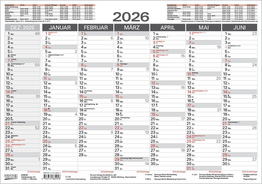 Tafelkalender A5 2026: 14 Monate auf Vorder- und Rückseite I Ferientermine und Feiertage