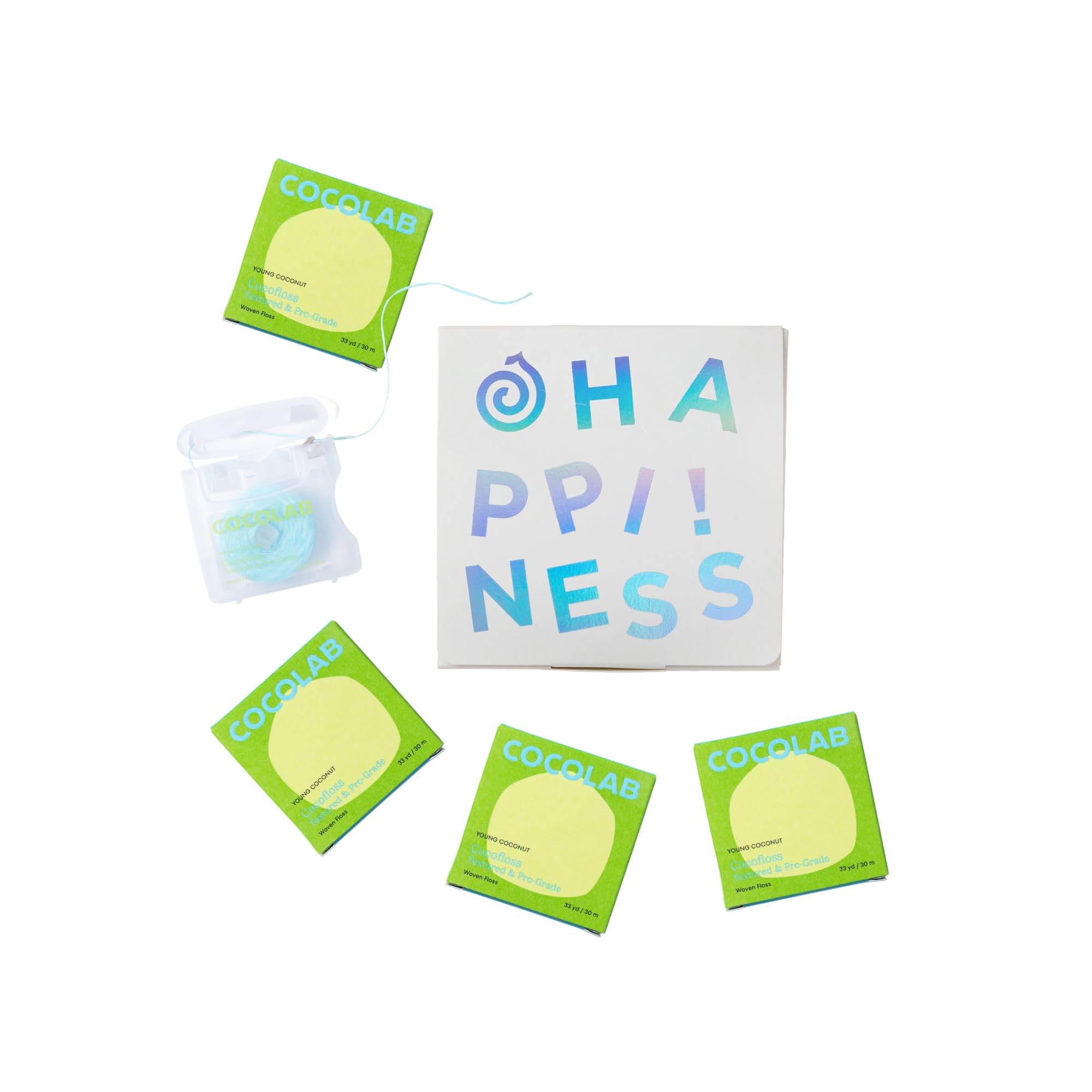 Cocolab Woven Dental Floss, Dentist-Designed Oral Care, Coconut Scent, Waxed, Expanding, Kid-Friendly String Floss with Coconut Oil, 4 Spools (33 yd Each)