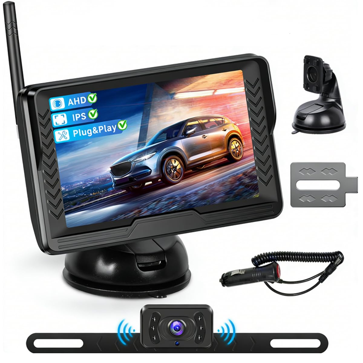 Kit Telecamera Retromarcia Wireless con Monitor LCD 5 Pollici AHD | Visione Notturna Superiore | Impermeabile IP69 | 12V per Auto, Camion, Furgoni e Rimorchi