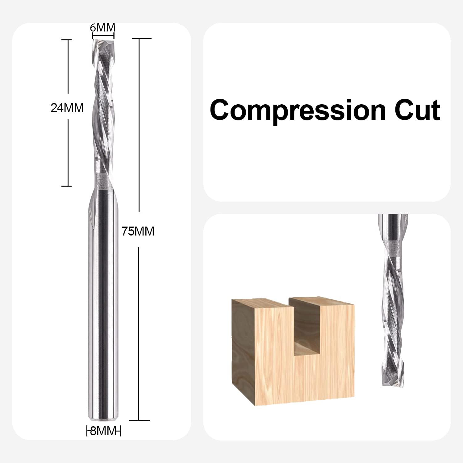 SpeTool Fresas para Madera 8mm Fresa de Ranurar Compresión CNC Fresa Espiral HRC55 Fresa Helicoidal Diámetro de Corte 6mm Longitud de Corte 24mm Carburo Herramienta Fresas de Corte de Madera