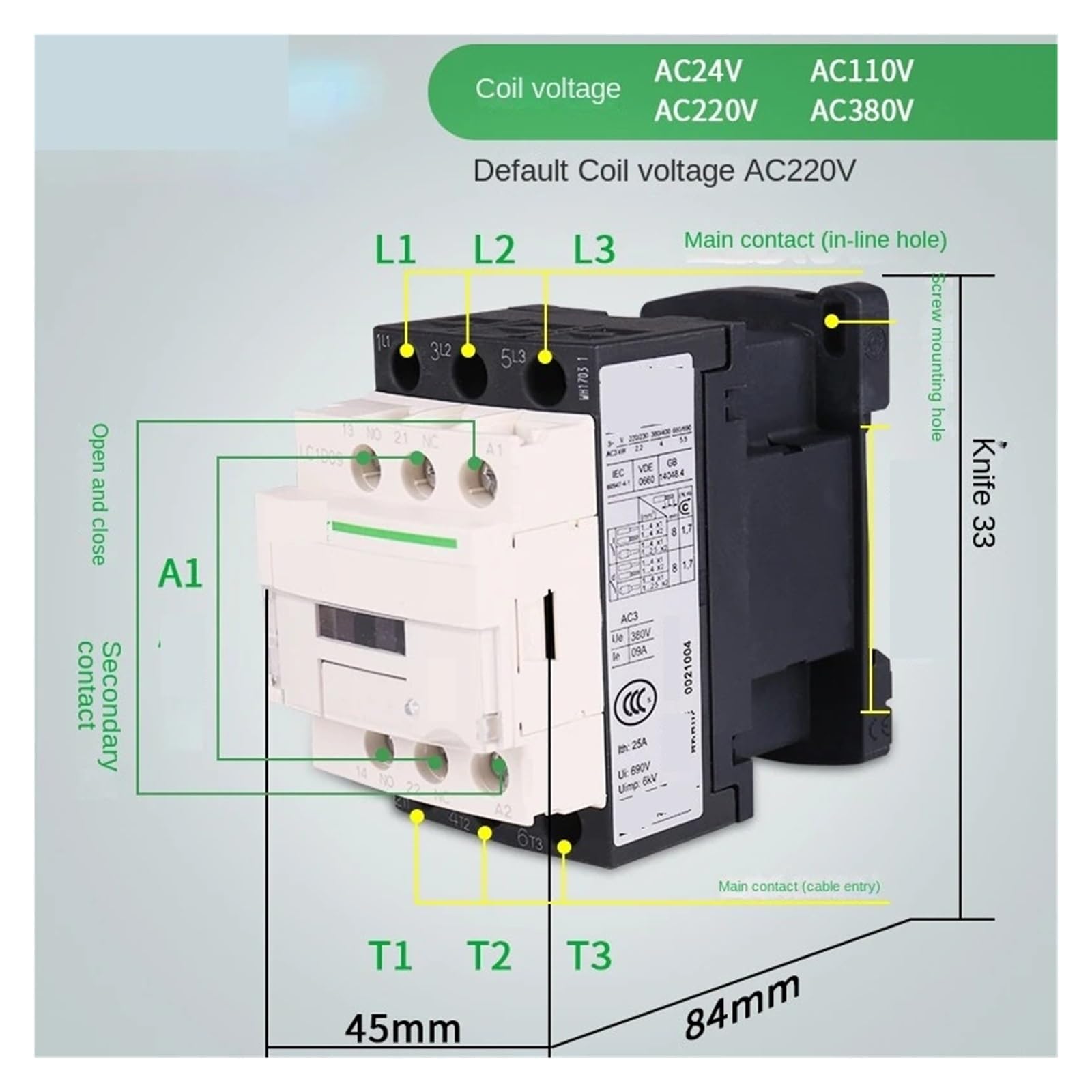 Contattore CA, compatibile con Schneider | 220 V 25 A 1D25 1D32 1D38 B7C F7C M7C Q7C 24 V 110 V 220 V 380 V(09A AC24V)