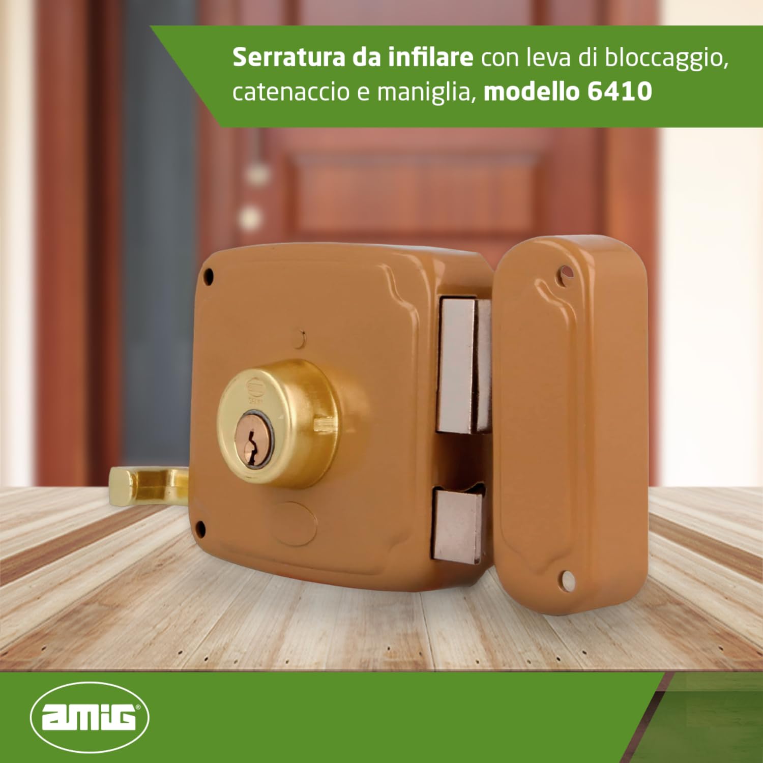 Amig - Serratura a Soprapponere Destra | Leva di Chiusura e Maniglia | Ideale per Porte in Legno | Oro, Misura 85 x 95 mm, Acciaio | Amig Griglia 3 150x150, Spessori per Cilindro