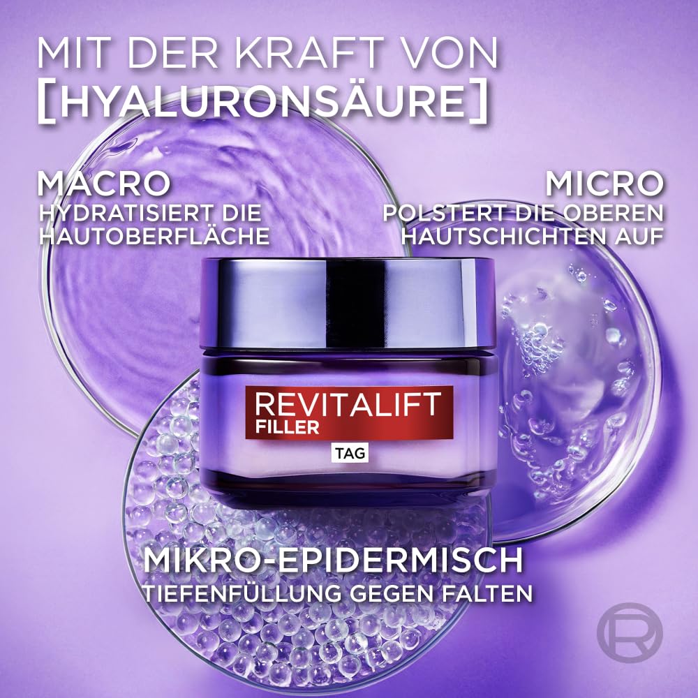 L'Oréal Paris Gesichtspflege Set, Anti-Aging Hyaluron Tagespflege und Nachtpflege gegen Falten, mit Micro-Filler Hyaluronsäure, Revitalift Filler, 2 x 50 ml
