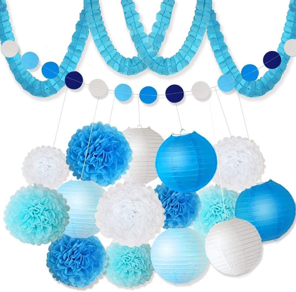 XFunino 18 Pcs Tissue Paper Flowers Pom Poms Decorations Theme Paper Lanterns Polka Dot Four Leaf Hanging Paper Garland 11.8ft for Baby Shower Wedding Birthday Party Supply, Blue