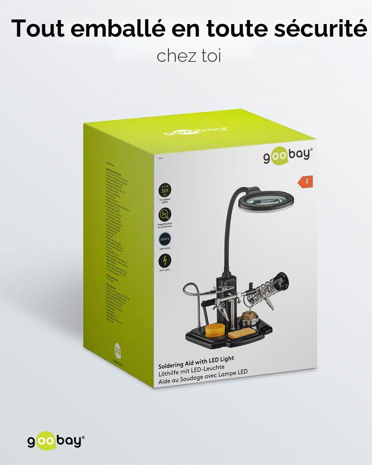 Fixpoint goobay 45241 Aide au soudage avec lampe LED/Pince crocodile col de cygne Loupe avec lampe LED/loupe grossissante 3x / support de fer à souder intégré, éponge et laine de nettoyage / 1 pièce