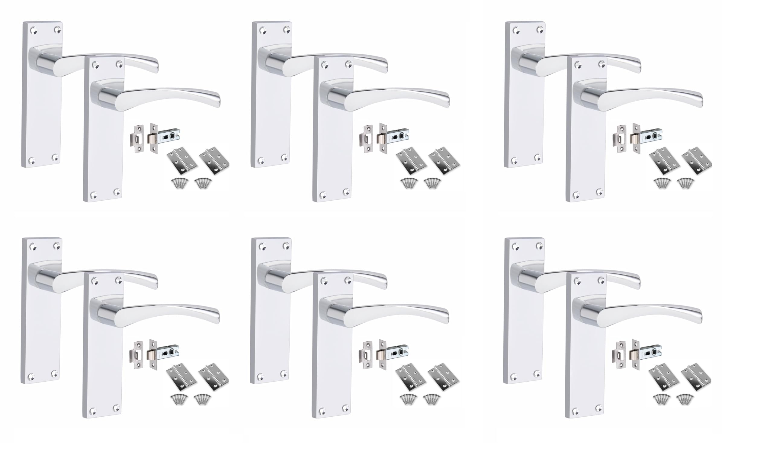 Golden Grace Victorian Scroll Astrid Handle Latch Door Handles Polished Chrome with 1 Pair of 3" Standard Butt Hinges & Latches Pack, 6 Sets - 150mm x 40mm Backplate