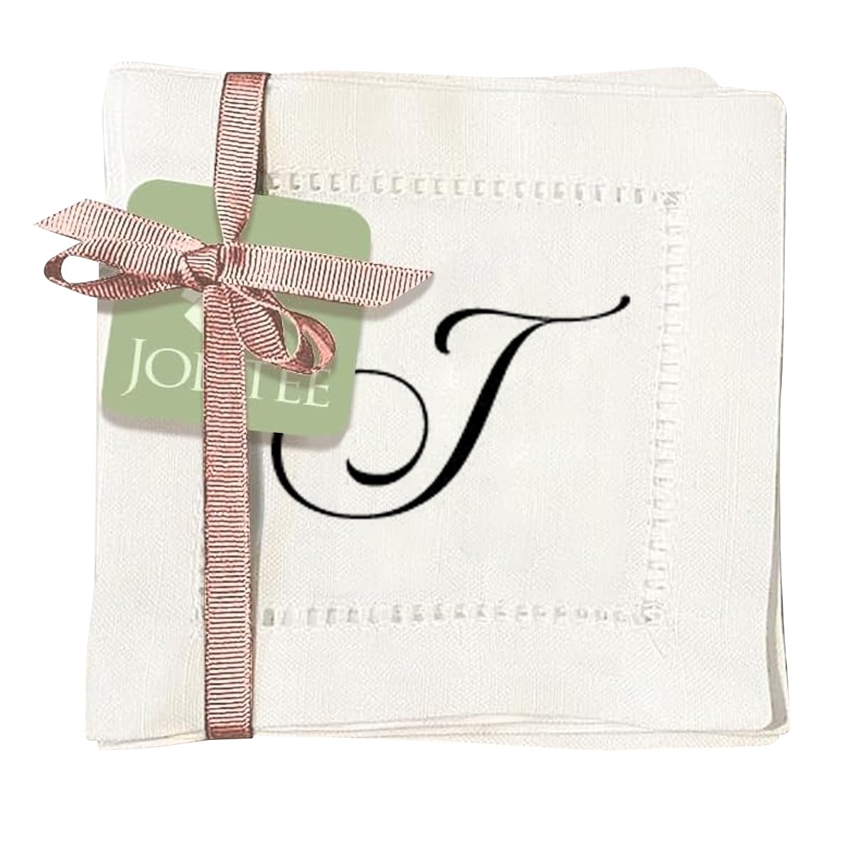 Jolitee Set of 6 Elegant Linen Cocktail Napkins with Initials 'T' - Personalized Table Napkins - Hemstitched, Easy Care, and Stylish - 6x6 inches