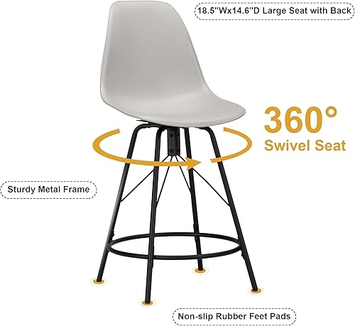 Miniatura 5 de Awonde Taburetes de bar giratorios de 24 pulgadas con respaldo, juego de 4 taburetes de plástico gris con respaldo alto con patas protectoras de