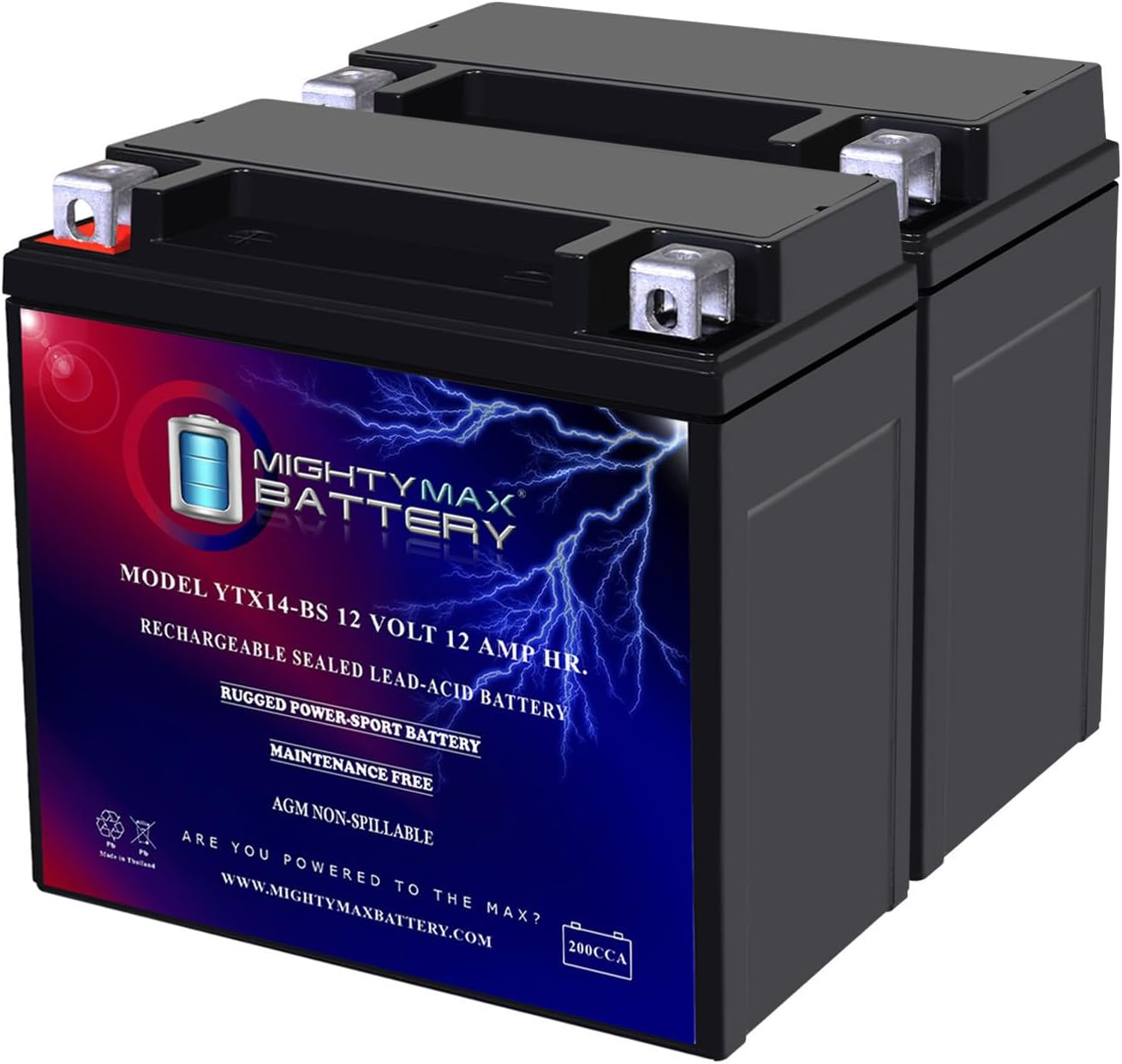 Mighty Max Battery YTX14-BS 12V 12AH 200 CCA - SLA Battery - 2 Pack