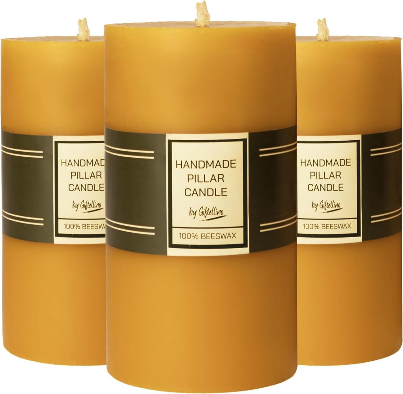 Set de 3 Velas de Pilar de 100% Pura Cera de Abeja - Duración de 21 Horas Sin Humo Con Mecha de Algodón - Regalo para Amantes Sin Aroma