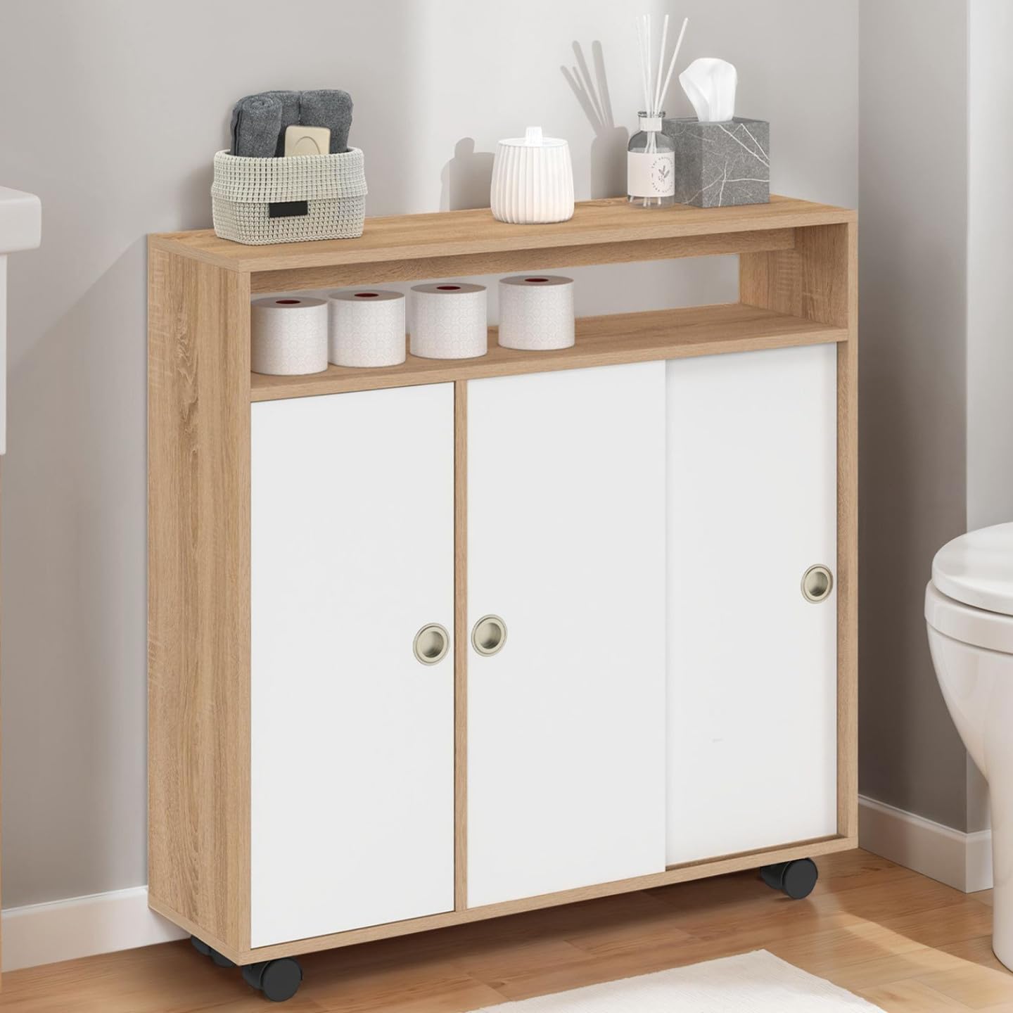 IDMarket - Armario auxiliar Mueble de almacenamiento con ruedas para baño TOMI Estructura de haya Tablero Blanco