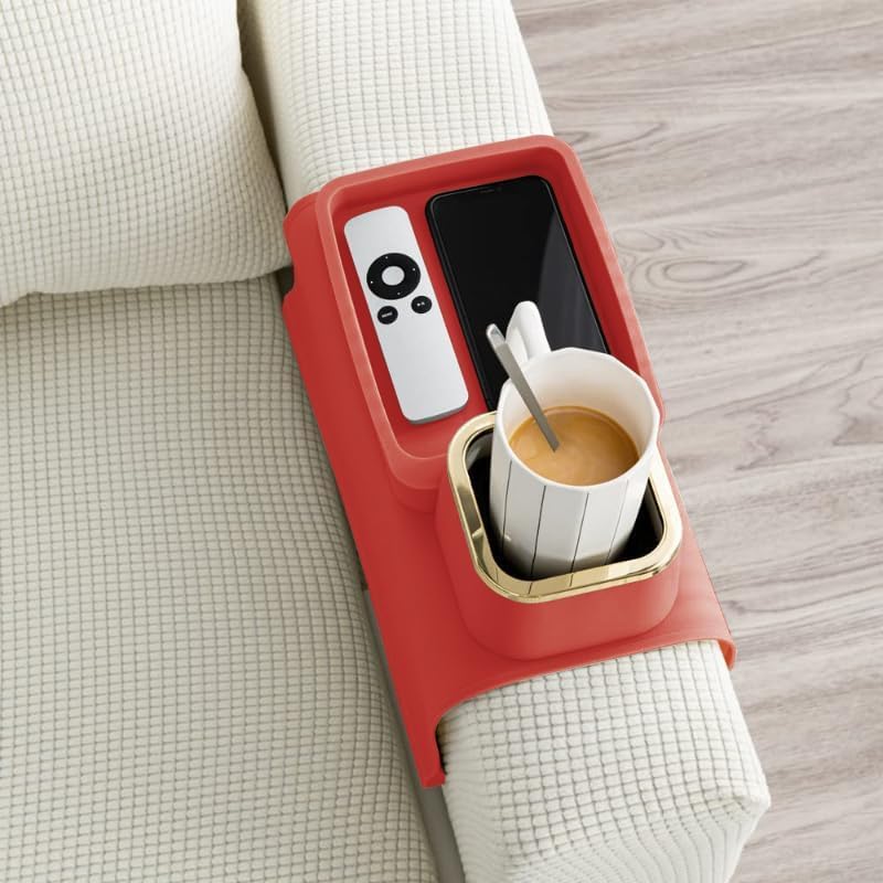 Image of Silicone Couch Cup Holder, Tray Anti-Spill Sofa Drink Coaster Anti-Slip Armrest Cup Holder Suit Tray for Remote, Snacks, Tissue, Magazines, Cellphone and iPad, Gift for Family, Friend (Red)