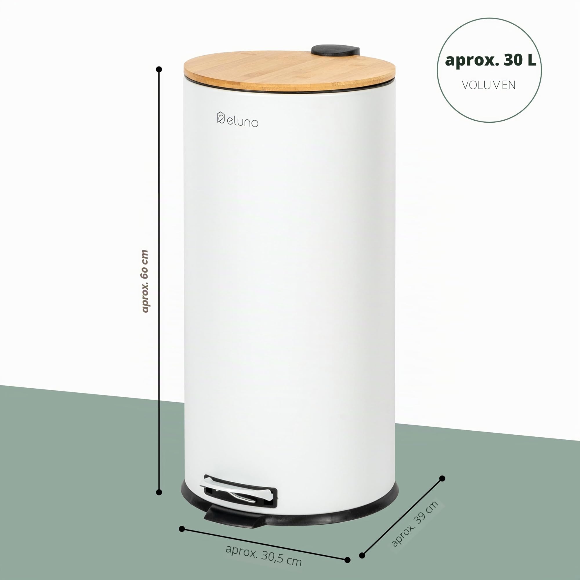 eluno Cubo de basura de cocina con pedal de 30 litros de capacidad, con tapa de bambú de cierre suave para baño, cocina, cubo interior de plástico extraíble, de bambú y metal (Blanco)