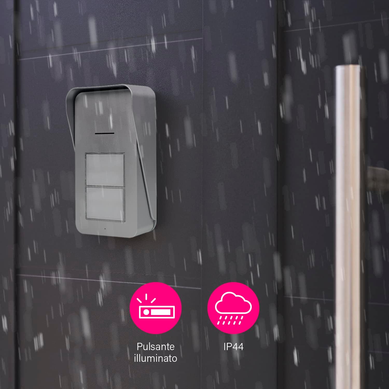 Byron DIC-21525 Outdoor unit installed on a wall, with rain effect, showing illuminated button and IP44 rating.