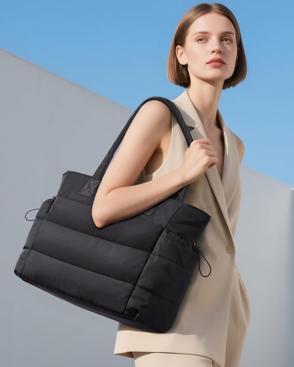 LOVEVOOK Tote Bag for Women with Giant Tumbler Holder Pocket, Puffer Work Travel Laptop Handbag with Zipper for Nurse Teacher - Image 2