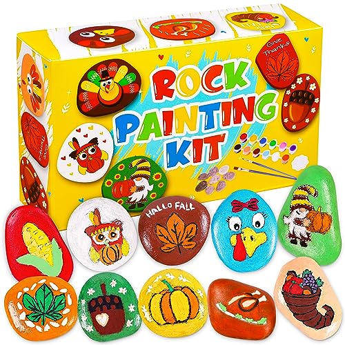 80UncleKimby Fall Thanksgiving Rock Painting Kit: Arts and Crafts for Kids - Include DIY Stones, Water Paint, Tattoos, Gifts Toys Party Favors Classroom Activities for Girls Boys Ages 8-12