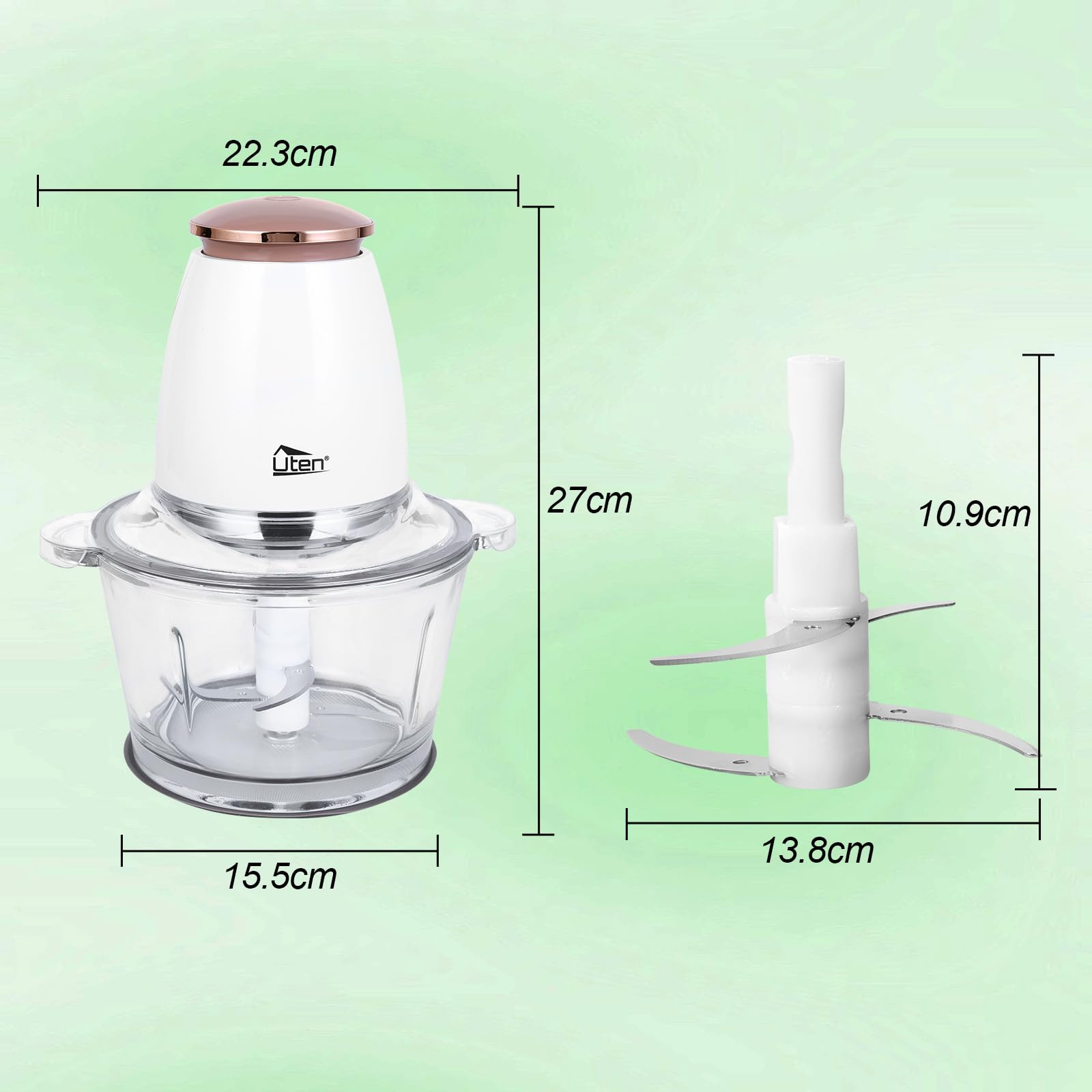 Picadora Eléctrica de Alimetos 400W, Uten 1500ML Picadora Eléctrica de Alimetos, Picadora Batidora Cocina 4 Cuchillas, Picadora de Carne Verduras y Frutas