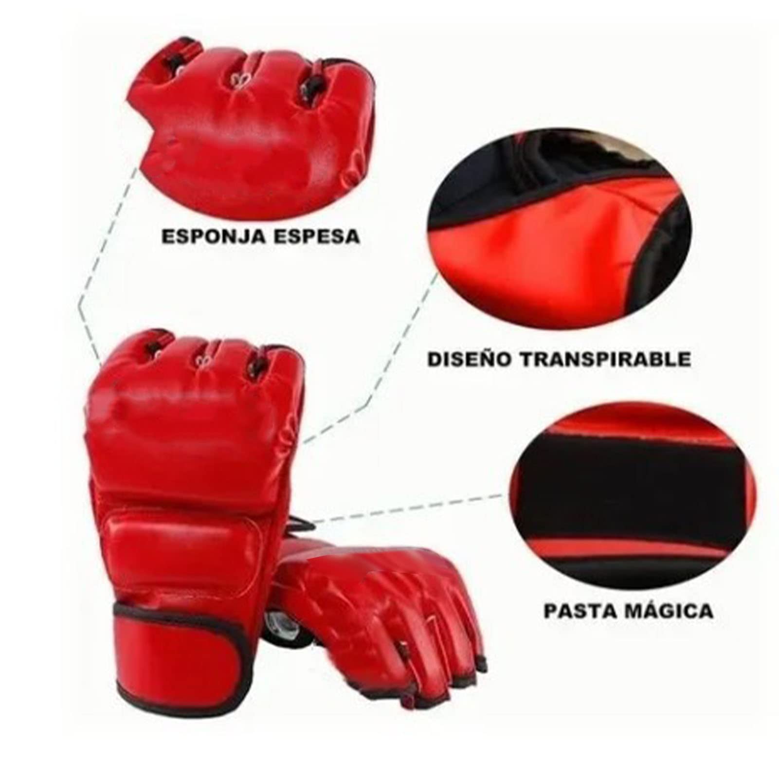 Guantes de Boxeo MMA Medio Dedo Rojos para Entrenamiento Kickboxing Adultos