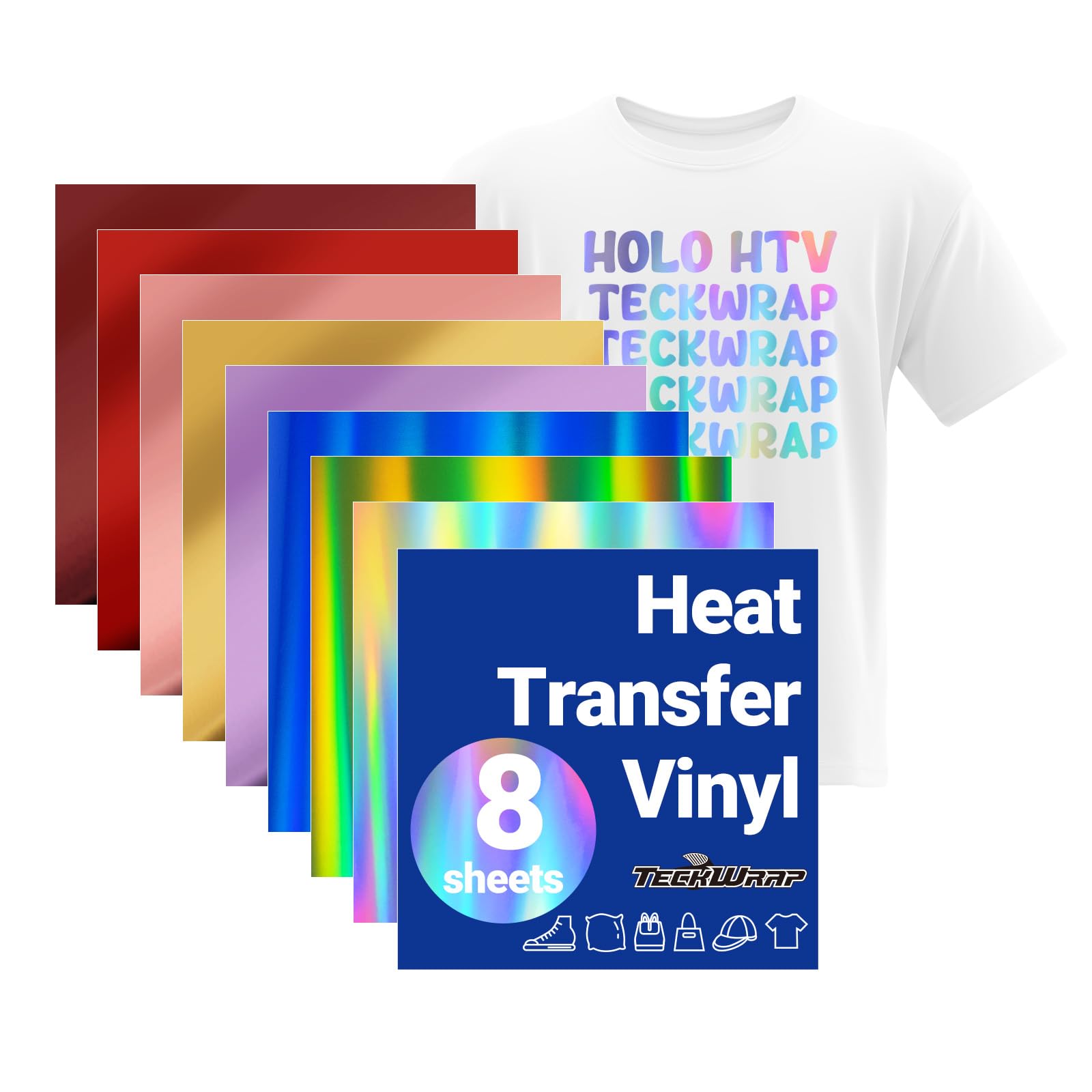 TECKWRAP Metallic Holographic Heat Transfer Vinyl - 8 Sheets 12"X12" Iron On Vinyl for T-Shirts, Clothes, Bags, Pillows and More, Compatible with Most Cutter Machines