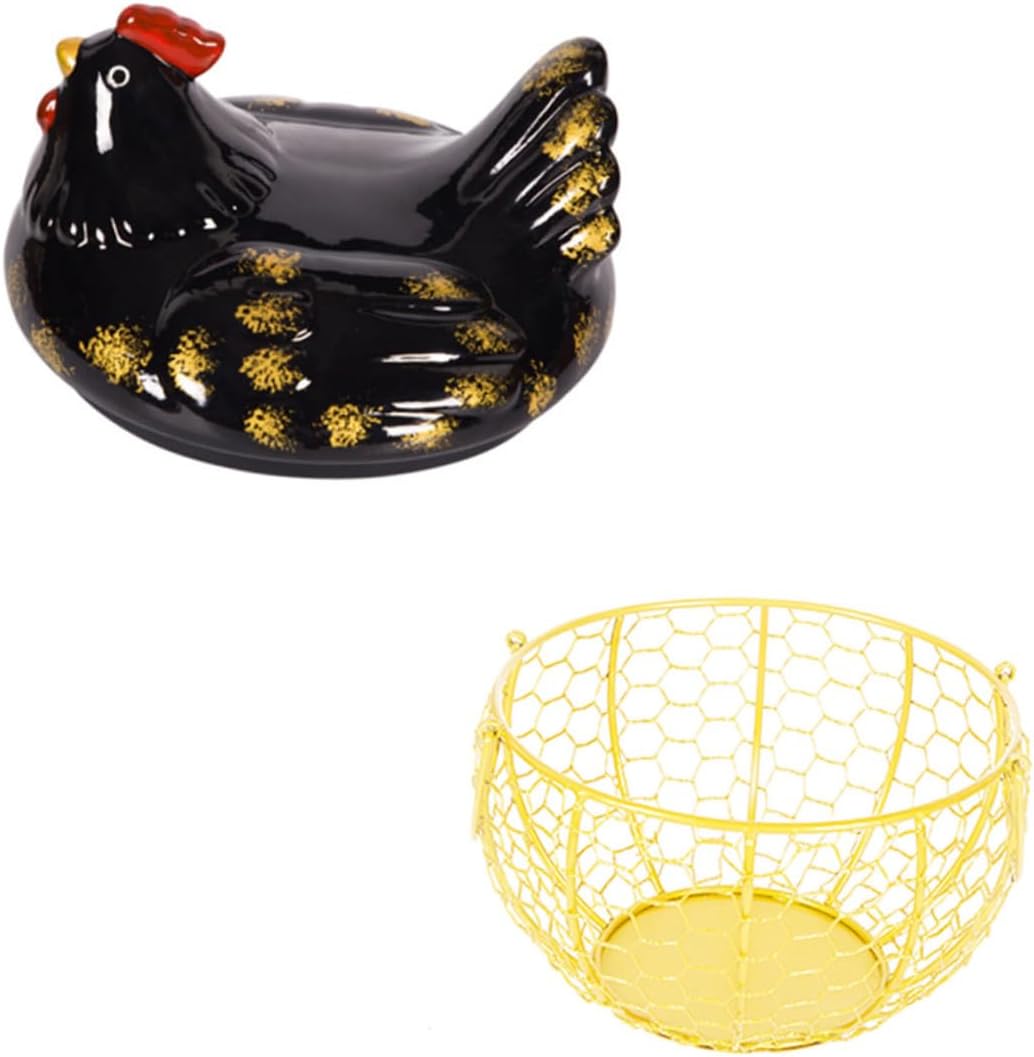 Iron Art Egg Basket and Chicken Shape Egg Holder Black with Golden Wire Kitchen Container for Home and Desktop Use