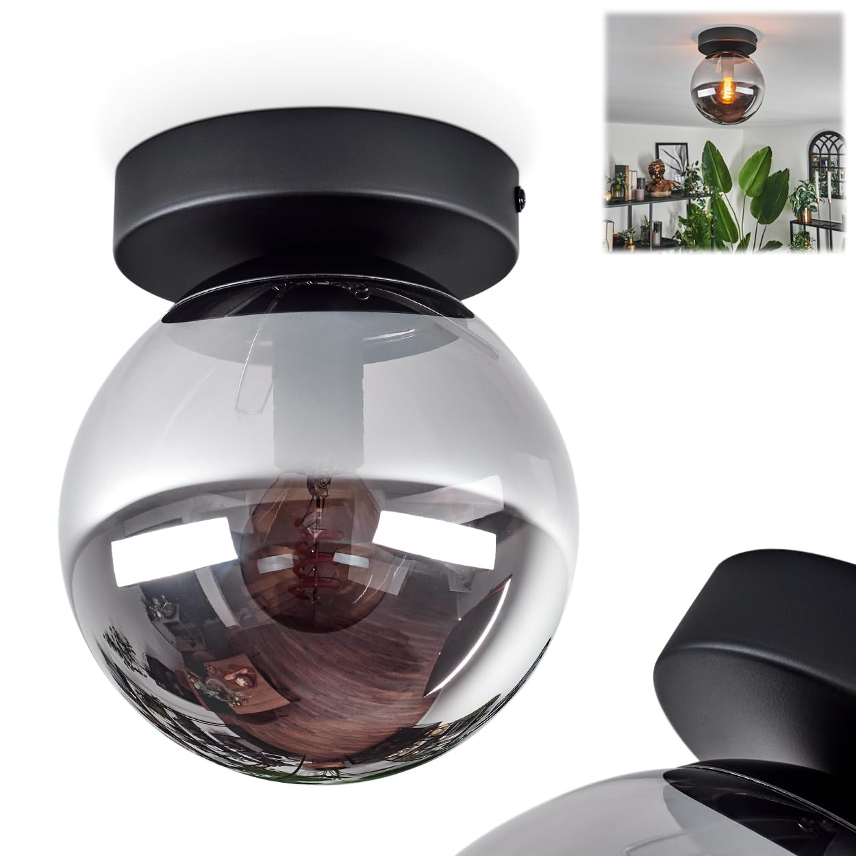 Hofstein Black Gastor Ceiling Light, Ceiling Lamp Made Of Metal/Glass In /Smoke Colours, Retro/Vintage Design Luminaire With Glass Shade (Ø 15 Cm), 1 X E27, Without Bulb