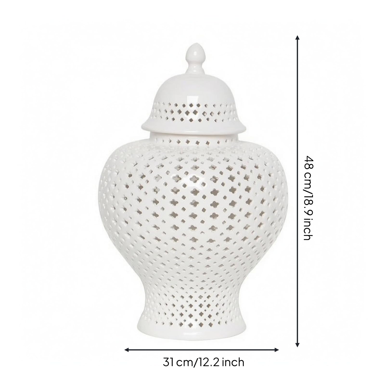 Jarrón Decorativo Cerámico Jarrón Bote Florero Diseño Clásico con Tapa Ceñida y Detalle en Cuerpo y Tapa Superficie Esmaltada Refinada para Brillo, Blanco, Blanco, Grande