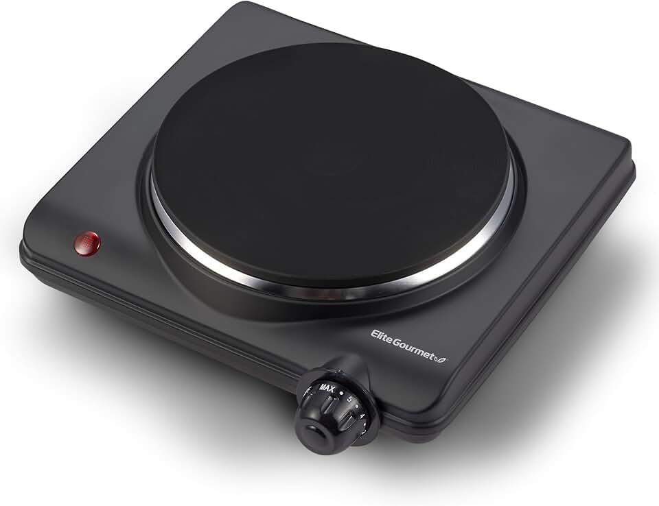 Elite Gourmet Countertop Electric Burner, 1000W Cast Iron Hot Plate, 7 Heat Settings, Portable Cooktop for RV, Dorm, Office &amp; Small Kitchens, Road-Ready &amp; Compact