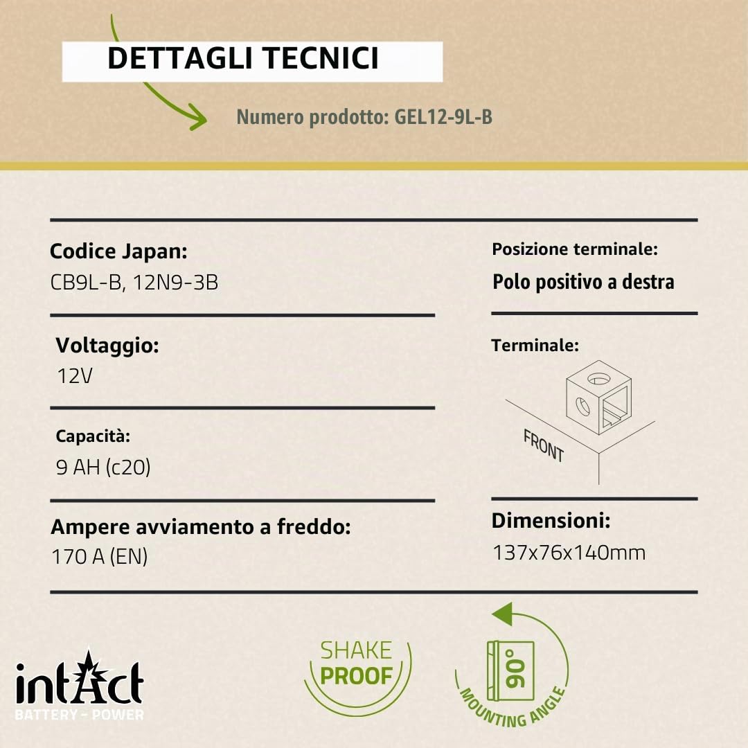 intAct - BATTERIA GEL PER MOTOCICLI Bike-Power GEL12-9L-B. Sostituisce 12N9-3B, YB9L-B. Batteria per moto 12V 9Ah 170A. Dimensioni: 137x76x140 mm. Con una potenza di avviamento superiore del 30%.