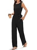 Women's 2025 Summer Dressy Jumpsuits Casual Ribbed One Piece Outfit Pockets Belt Bow Sleeveless Long Wide Pants Rompers