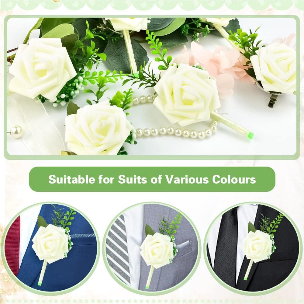 Rose Wedding Boutonniere, 4 Pcs White Boutonniere Handmade Corsage Buttonhole Flowers Artificial Wedding Flower Buttonhole Corsage with Pin Clip for Groom Men Bridal Women Suit Dress,White